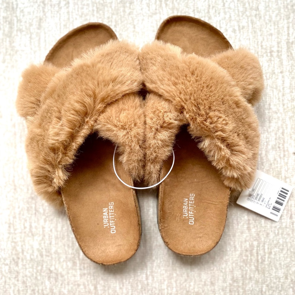 NWT Urban Outfitters Faux Fur Brown Slides